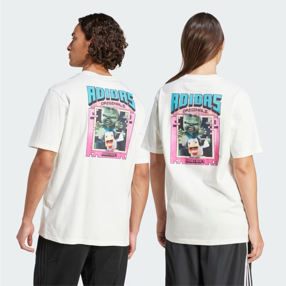 🆕 Adidas x Minecraft Originals Cream Tee with Pink & Teal Back Graphic